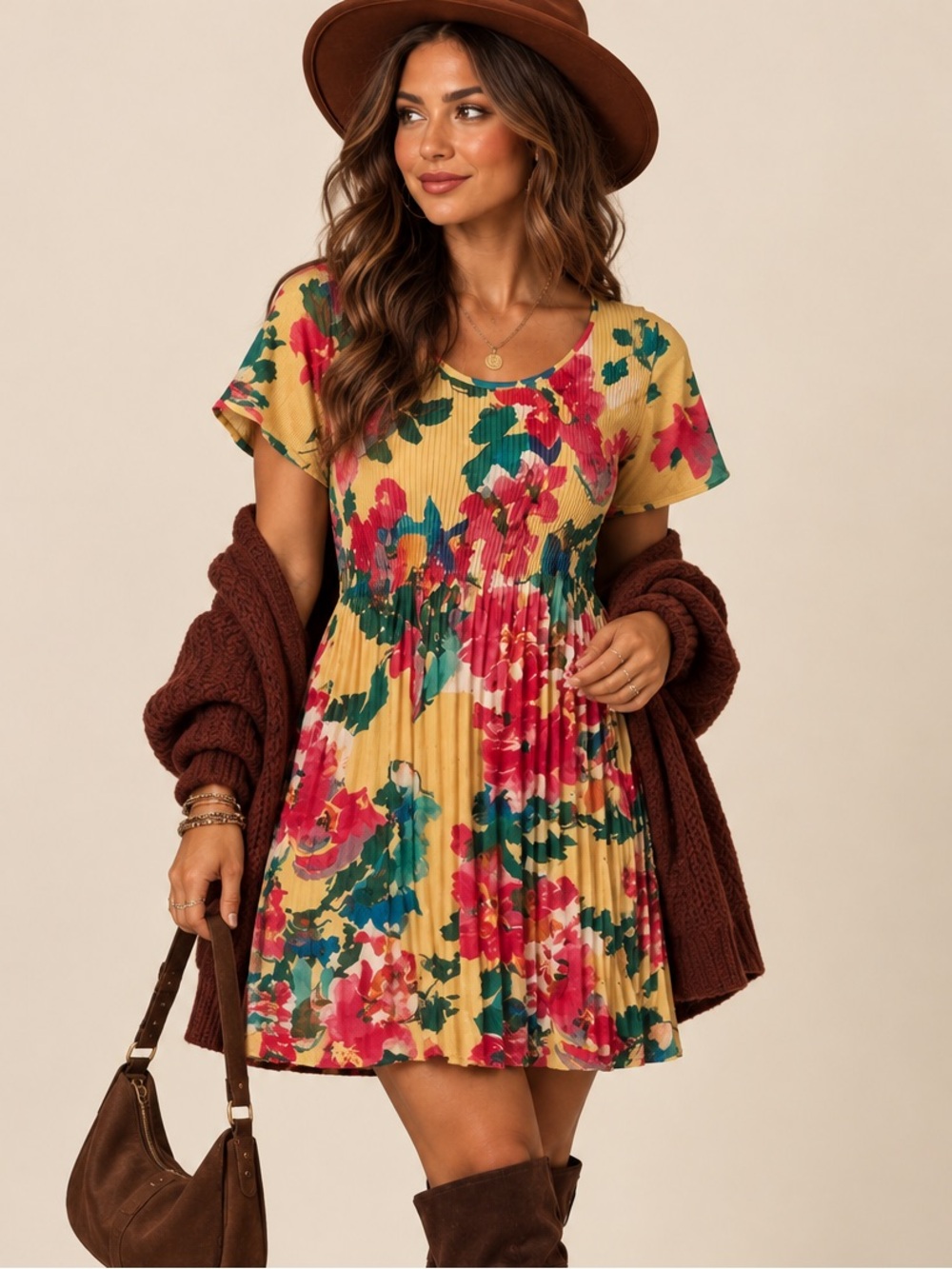 NEW Spense Vibrant Floral Mini Dress Yellow & Pink, Multicolored Feminine Bright